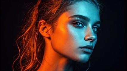 Wall Mural - A striking image of a young woman half of her face illuminated in bold neon orange while the other half shines in electric blue. The contrasting colors not only highlight her