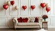 © Nuttaya Nampai - Cozy living room decorated for Valentine's Day with a sofa, heart-shaped balloons, and a bouquet of roses creating a warm ambiance.