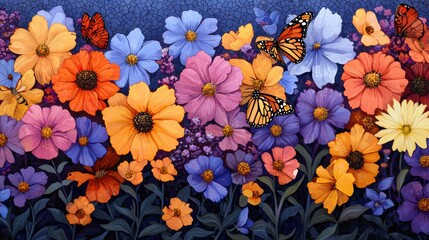 Sticker - Colorful Garden Scene with Butterflies and Vibrant Blooms