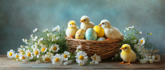 Wall Mural - A cheerful Easter centerpiece featuring a basket filled with painted eggs, fluffy chicks, and daisies, placed on a wooden table