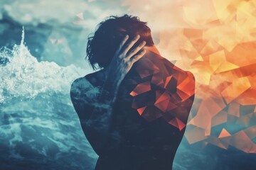 Leinwandbilder - Person holding head in pain amidst abstract waves and geometric shapes representing emotional distress and turmoil. Generative AI