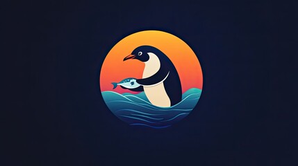 Poster - Penguin Holding Fish at Sunset Ocean Background