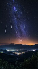 Wall Mural - starry night with shooting stars falling with copy space vertically 9:16