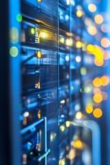 Poster - Advanced Data Server Rack with Illuminated Networking Indicators in Focus : Generative AI