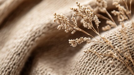 Aufkleber - Natural Aesthetic of Beige Knit Fabric with Rustic Dry Plants for Cozy Home Decor : Generative AI