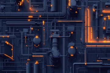 Aufkleber - Geometric industrial pattern showcasing interconnected oil tanks and pipelines in an abstract layout with highlighting elements. Generative AI
