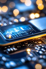 Aufkleber - Closeup of Circuit Board with Microchip and Glowing Lights High Tech Semiconductor Technology : Generative AI