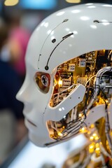 Leinwandbilder - Side view of futuristic robot head with internal circuitry and yellow glowing lights : Generative AI