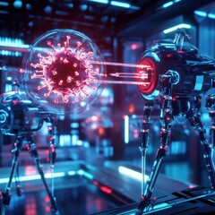 Fototapete - Robots actively neutralizing viruses in a futuristic laboratory environment. Generative AI