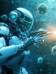 Fototapete - Robots actively engaging with and neutralizing harmful viruses in a futuristic environment. Generative AI