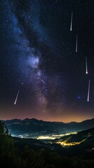 Wall Mural - starry night with shooting stars falling with copy space vertically 9:16