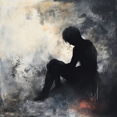 Poster - Person sitting in shadow surrounded by abstract elements depicting mental turmoil and inner conflict. Generative AI