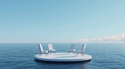 Wall Mural - Isolated White Chairs on Floating Platform in Calm Blue Sea