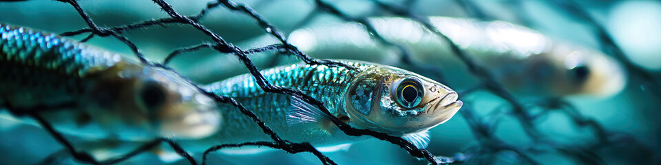 Silvery-Blue Fish Partially Obscured by Netting in Aquatic Environment