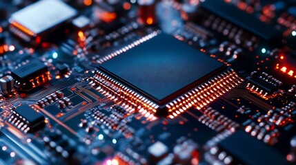 Fototapete - Close-up of Modern Microchip on Circuit Board with Glowing Electronic Components : Generative AI