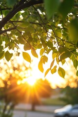 Poster - Closeup of sunlit green leaves on tree branch during golden hour : Generative AI