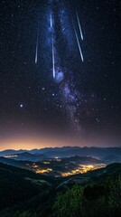 Wall Mural - starry night with shooting stars falling with copy space vertically 9:16