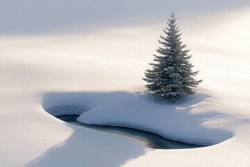 Canvas Print - A solitary evergreen tree stands amidst a snowy landscape, with a small pond partially visible.