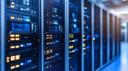 Leinwandbilder - Futuristic server room with rows of blue illuminated network equipment : Generative AI