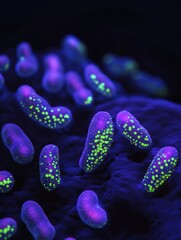 Aufkleber - Glowing bacteria illuminated by ultraviolet light showcases vibrant colors and intricate details in a dark environment. Generative AI