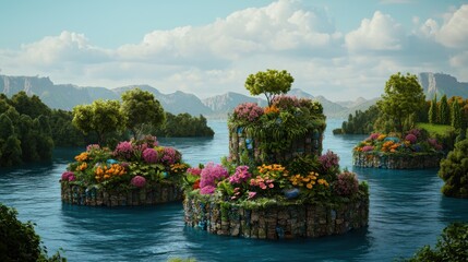 Wall Mural - Serene Islands with Blooming Flowers and Lush Greenery in Water