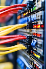 Aufkleber - Closeup of Colorful Network Cables and Blinking Server Lights in Data Center : Generative AI