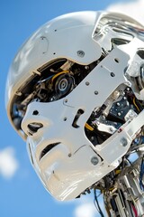 Aufkleber - Futuristic White Robotic Head with Blue Sky Background Symbolizing AI Innovation : Generative AI