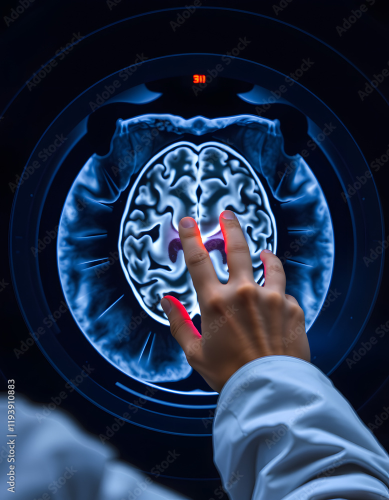 CT scan with brain and doctor's hand. Medical, science and mri brain ...