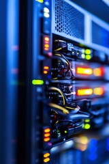 Aufkleber - Colorful network server lights indicating data transfer in IT infrastructure : Generative AI
