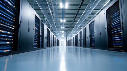 Aufkleber - Modern data center with rows of powerful blue illuminated servers : Generative AI