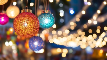 Aufkleber - Festive Ornament Hanging on String Amongst Blurred Holiday Lights in Warm Atmosphere : Generative AI