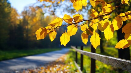 Poster - Vibrant Autumn Leaves Hanging Over a Country Road in Golden Sunset Light : Generative AI