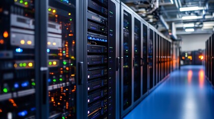 Leinwandbilder - High Tech Data Center Server Room with Glowing Lights and Network Cables : Generative AI