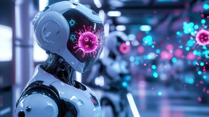 Fototapete - Robots neutralizing viruses with advanced technology in a futuristic laboratory environment. Generative AI