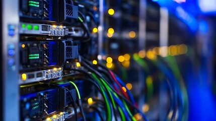Aufkleber - Detailed view of illuminated servers and network cables in a high-tech data center showcasing IT infrastructure : Generative AI