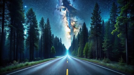 Poster - Asphalt road through a dark forest under a vibrant night sky with a bright milky way