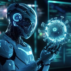 Fototapete - Robots engaged in virus neutralization using advanced technology in a futuristic laboratory setting at night. Generative AI