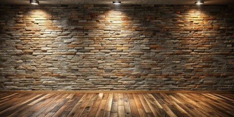 Aufkleber - Illuminated Rustic Brick Wall and Hardwood Floor Interior Design
