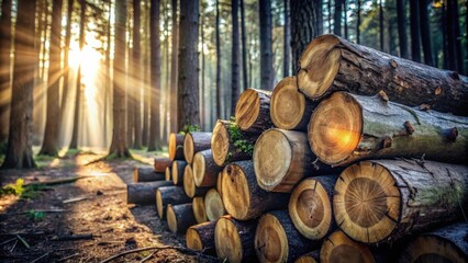 Poster - Sunlit Forest Path with Stacked Logs at Dawn