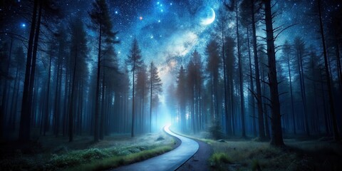 Poster - Mystical Night Scene Winding Path Through an Enchanting Forest Under a Starlit Sky
