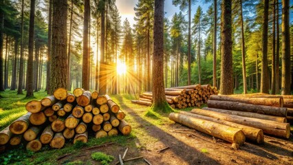 Poster - Golden Hour in a Pine Forest Sunbeams Illuminate Stacks of Harvested Logs