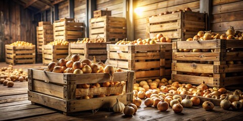 Sticker - A rustic wooden warehouse filled with numerous crates of ripe onions, ready for harvest and distribution