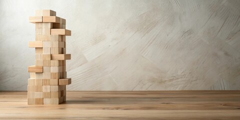 Aufkleber - A meticulously crafted tower of small wooden blocks stands tall on a light brown wooden surface against a neutral textured backdrop.