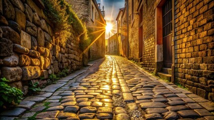 Fototapete - Golden Hour on a Cobblestone Street, Sunlit Alleyway Between Ancient Stone Buildings