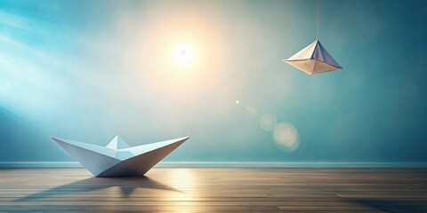Aufkleber - Serene Minimalist Scene with Paper Boat and Hanging Pyramid