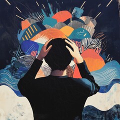 Poster - Person experiencing discomfort while surrounded by abstract waves and sharp shapes representing pain and confusion. Generative AI