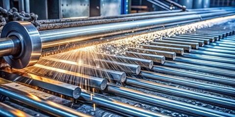 Poster - Industrial Metal Rod Finishing Process Precise Cutting and Polishing of Steel Bars on Automated Machinery