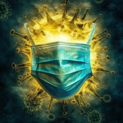 Fototapete - Mask and gloves surrounded by fading viruses in a dramatic representation of health safety during a pandemic. Generative AI