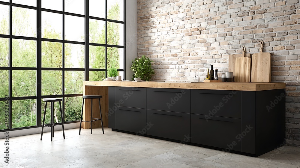 Modern Kitchen Design, Brick Wall, Wood Counter - Minimalist Design ...