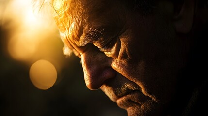 Wall Mural - A profile shot of a person looking down, their expression full of sorrow, illuminated by soft, moody light, conveying quiet suffering